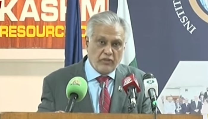 Foreign Minister Ishaq Dar addressing an event in Islamabad on June 30, 2025. — Screengrab/YouTube/Geo News