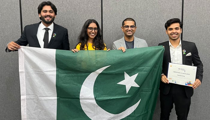 (From left to right) ISTs GeoGemma Team Lead Ahmed Iqbal, Google Singapore Community Manager Amrita Nambiar, Developer Ecosystem SAF Regional Lead Saad Hamid and ISTs Abdullah Asif pose with Pakistans national flag after winning the Best AI Use Case award at the APAC Solution Challenge in Manila, Philippines on June 26, 2025. — Institute of Space Technology website