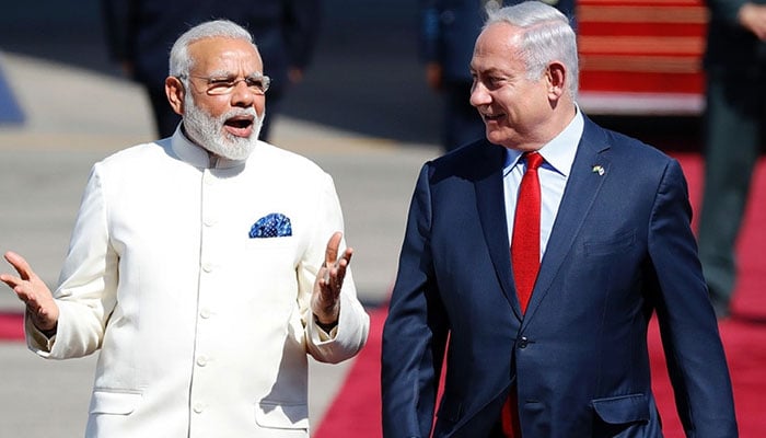 Indian PM Narendra Modi (left) pictured with Israeli PM Benjamin Netanyahu during an official ceremony at Ben-Gurion International airport near Tel Aviv, Israel. — AFP/File