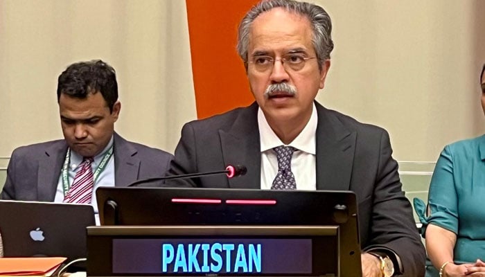 Pakistans Permanent Representative to UN Ambassador Asim Iftikhar Ahmad speaks during a UNSC session on July 1, 2025. — X@PakistanUN_NY