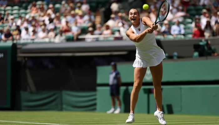 Aryna Sabalenka hits a backhand against Carson Branstine (CAN) (not pictured) on day one of The Championships, Wimbledon 2025 at All England Lawn Tennis and Croquet Club, London, Britain, June 30, 2025. — Reuters