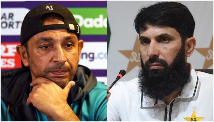 A collage showing Pakistans Test head coach Azhar Mahmood (left) and former skipper Misbah Ul Haq. — AFP/File