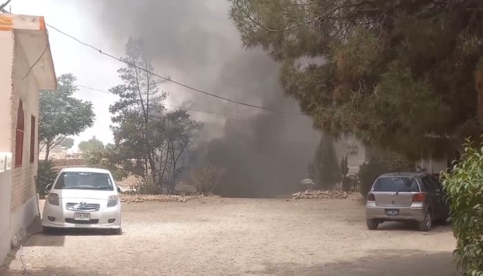 Thick smoke billows from the site where exchange of fire between security personnel and terrorists took place in Mastung on July 1, 2025. — Screengrab/Reporter