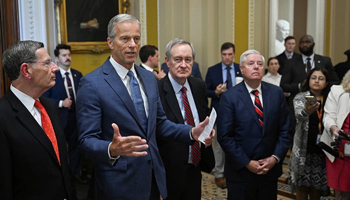 US Senate Majority Leader John Thune (R-SD) speaks to the press next to US Senator John Barrasso (R-WY) and Senator Mike Crapo (R-ID) after the Senate passes US President Donald Trump’s sweeping spending and tax bill, on Capitol Hill in Washington, DC, US, July 1, 2025. — Reuters