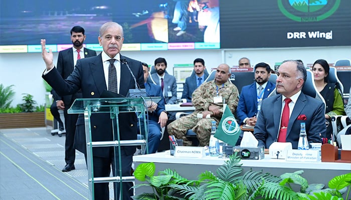 PM Shehbaz Sharif addresses at the National Emergency Response Centre in Islamabad on July 1, 2025. — PID