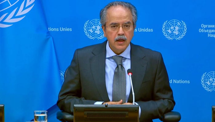 Pakistans Permanent Representative to UN Ambassador Asim Iftikhar Ahmad speaks on the assumption of presidency of the UN Security Council by him on July 1, 2025. — X@PakistanUN_NY