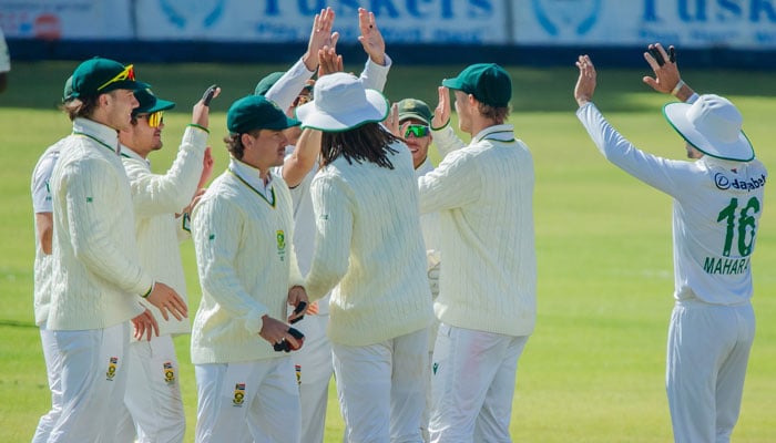 South African players celebrate during their Test against  Zimbabwe at the Queens Sports Club in Bulawayo on July 1, 2025. — Facebook@CricketSouthAfrica
