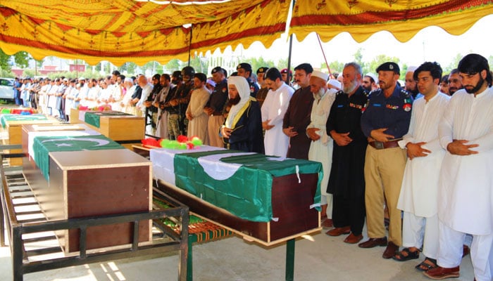 Funeral prayers of martyred Assistant Commissioner Bajaur being held at Police Lines in Bajaur, Khyber Pakhtunkhwa, July 2, 2025. — Deputy Commissioner