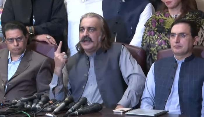 KP Chief Minister Ali Amin Gandapur (centre) addresses a press conference alongside PTI Chairman Barrister Gohar Ali Khan (right) and partys Secretary General Salman Akram Raja, and others in Islamabad July 2, 2025. — Screengrab via Geo News