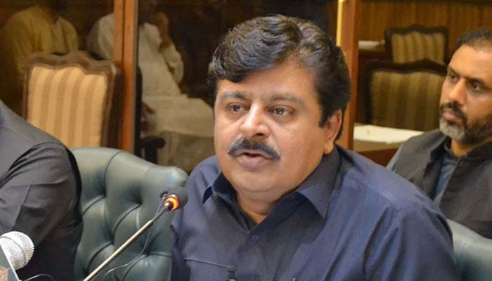 Sindh Minister for Education Syed Sardar Shah speaks during a press conference at Shahbaz Hall in Hyderabad on September 24, 2022. — PPI