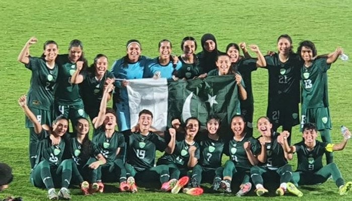 Pakistan players celebrate after defeating Indonesia during the AFC Womens Asia Cup match at the Stadium Sport Centre in Tangerang Agency on July 2, 2025. — Reporter