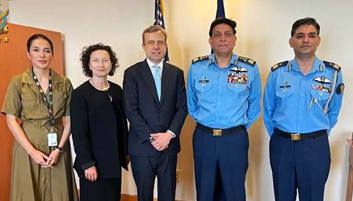 Chief of the Air Staff Air Chief Marshal Zaheer Ahmed Baber Sidhu meets Eric Meyer from the Bureau of South and Central Asian Affairs (Centre) at US State Department, Washington DC, US, July 2, 2025. — Screengrab via video/PAF