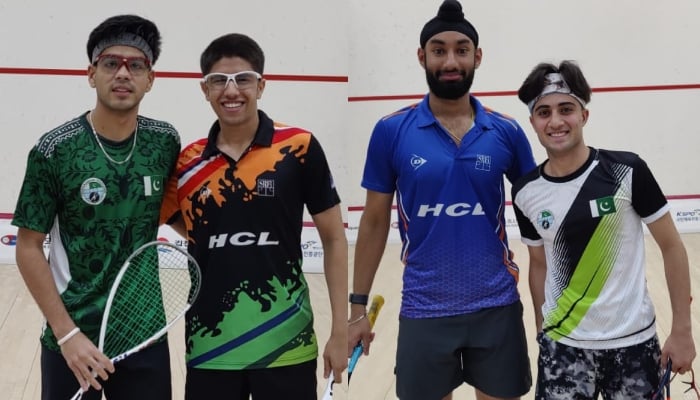 Pakistani players pose for picture with their opponents in this collage of pictures. — Facebook/@PakistanSquashFederation/File