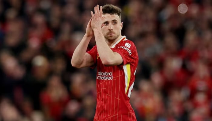 Liverpools Diogo Jota reacts after being substituted during a match against Everton in Liverpool, Britain, on April 2, 2025. —Reuters
