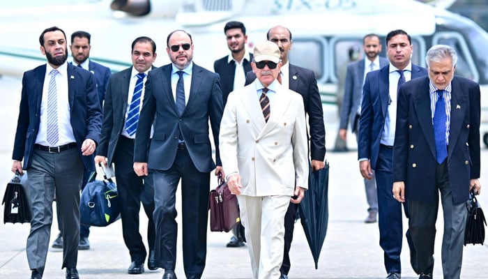 Prime Minister Shehbaz Sharif pictured before boarding a plane to Azerbaijan to attend 17th ECO Summit in Azerbaijan on July 3, 2025. — PID