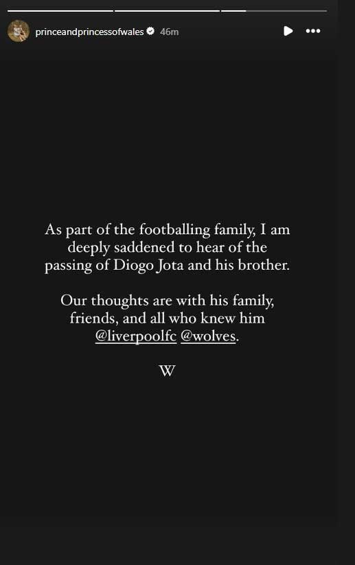 Prince William reacts to Diogo Jotas death in car crash