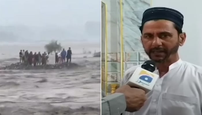 This collage shows families stuck and drowned in raging Swat River (left) and Naseer Ahmed — the father of two drowned children from Mardan. — Screengrab via Geo News