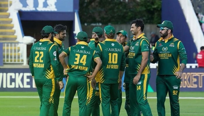 Pakistan Champions players celebrate during their World Championship of Legends final against India at Edgbaston in Birmingham on July 13, 2024. — Instagram/wclpakistanchampions