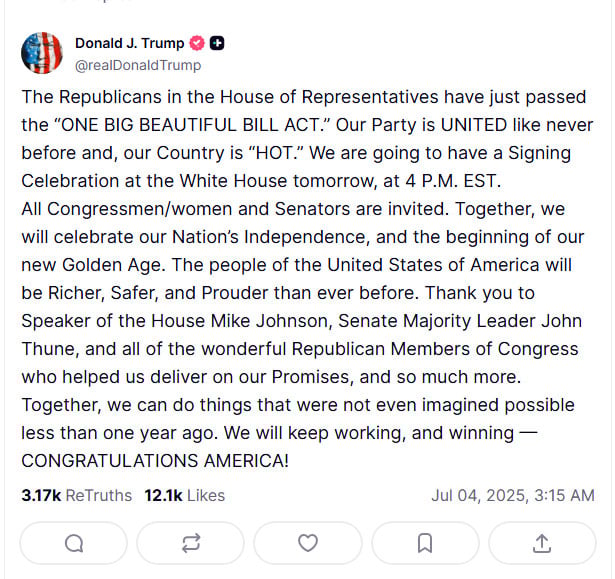 Trump to sign massive tax cuts, debt-boosting bill Friday after narrow House win