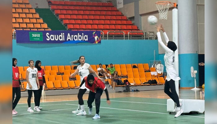 The members of the Pakistan team (white) and the Maldives team (red) can be seen in action during the Asian Youth Girls Netball Championship 2025 final (Plate Division Cup) at the Jeonju Hwasan Gymnasium, Jeonju, South Korea, on July 4, 2025. — Reporter