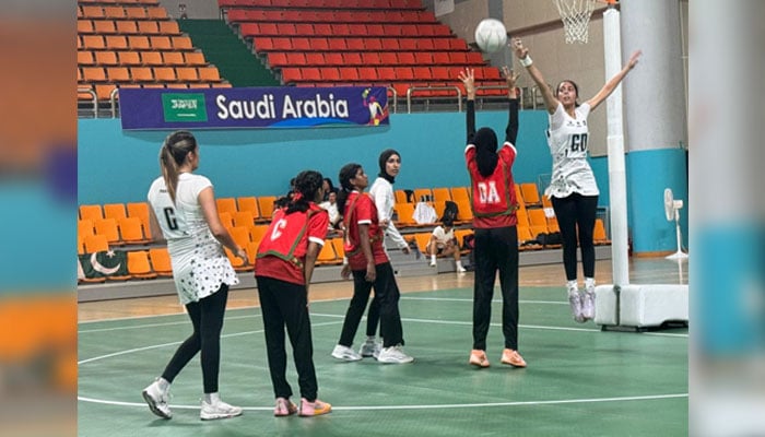 The members of the Pakistan team (white) and the Maldives team (red) can be seen in action during the Asian Youth Girls Netball Championship 2025 final (Plate Division Cup) at the Jeonju Hwasan Gymnasium, Jeonju, South Korea, on July 4, 2025. — Reporter