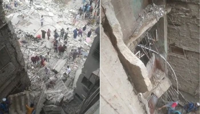 Residential building collapsed in the Baghdadi area of Lyari, Karachi, on July 4, 2025. — Screengrab via Geo News.