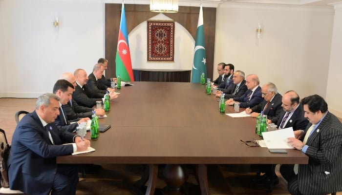 Prime Minister Muhammad Shehbaz Sharif in a meeting with President of Azerbaijan Ilham Aliyev on the sidelines of 17th ECO Summit being held in Khankendi, Azerbaijan, on July 4, 2025. — Facebook/@GovtofPakistan