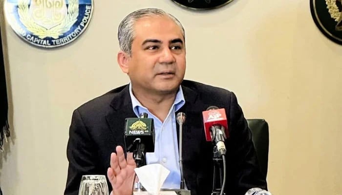 Interior Minister Mohsin Naqvi addresses a press conference on April 28, 2025. — Facebook/@Ministry of Interior