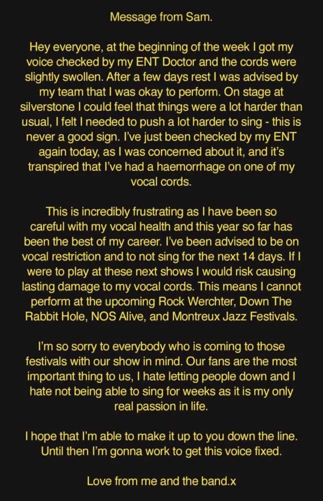 Sam Fender cancels several gigs amid new health scare