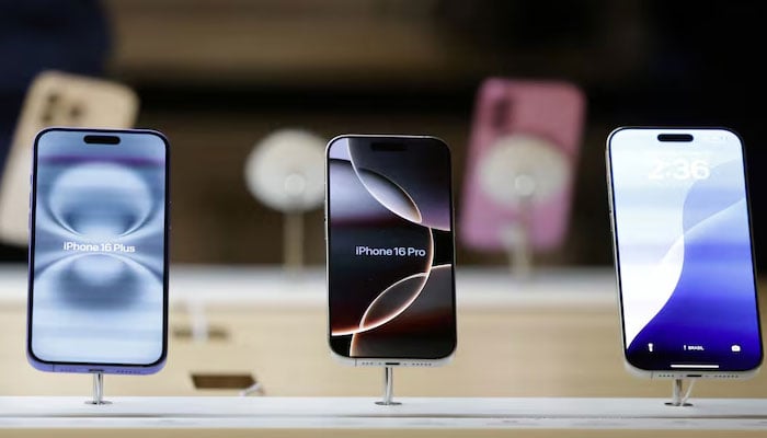A view of Apple iPhones displayed at an Apple Store at Grand Central Terminal in New York City, New York, US on October 16, 2024. — Reuters