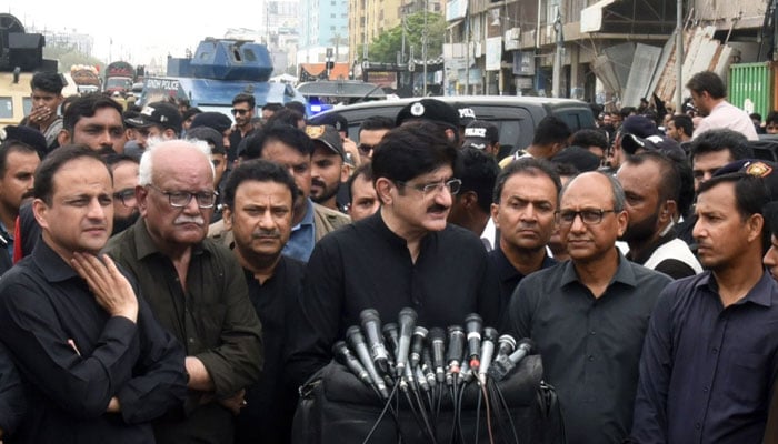 CM Murad Ali Shah speaks to media after leading the Muharram procession at SeaBreeze in Karachi. — CMHouse