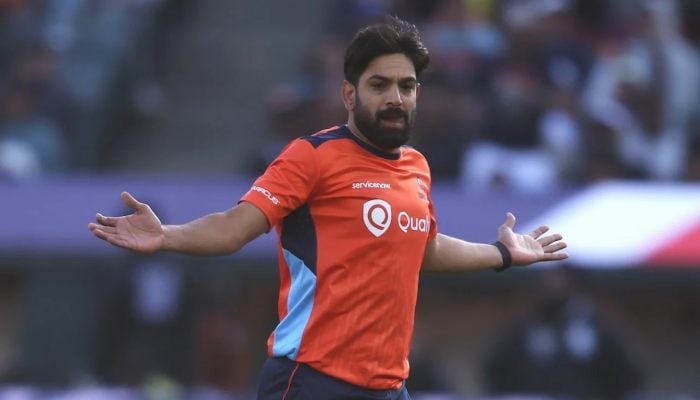 San Francisco Unicorns Haris Rauf celebrates taking a wicket against Texas Super Kings during the Major League Cricket 2025, Dallas, June 21, 2025. — MLC