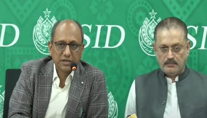 Sindh Local Govt Minister Saeed Ghani addresses a press conference along with Sharjeel Inam Memon in Karachi on July 7, 2025. — screengrab via GeoNews
