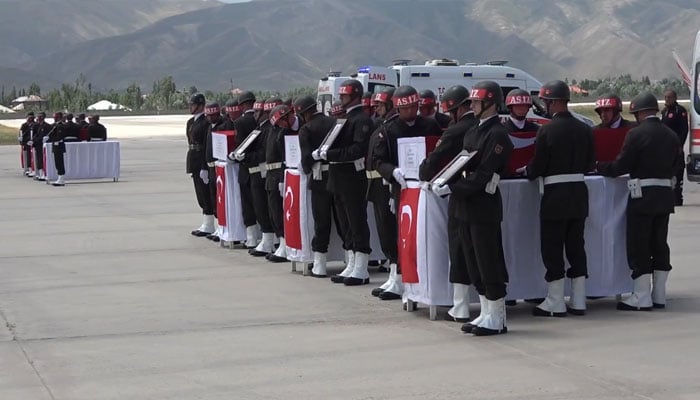 Farewell ceremony for Turkish soldiers who died in Pençe-Kilit Operation being held at Selahaddin Eyyubi Airport, Yuksekova, Turkiye, July 7, 2025. — Screengrab via video/X@tcsavunma