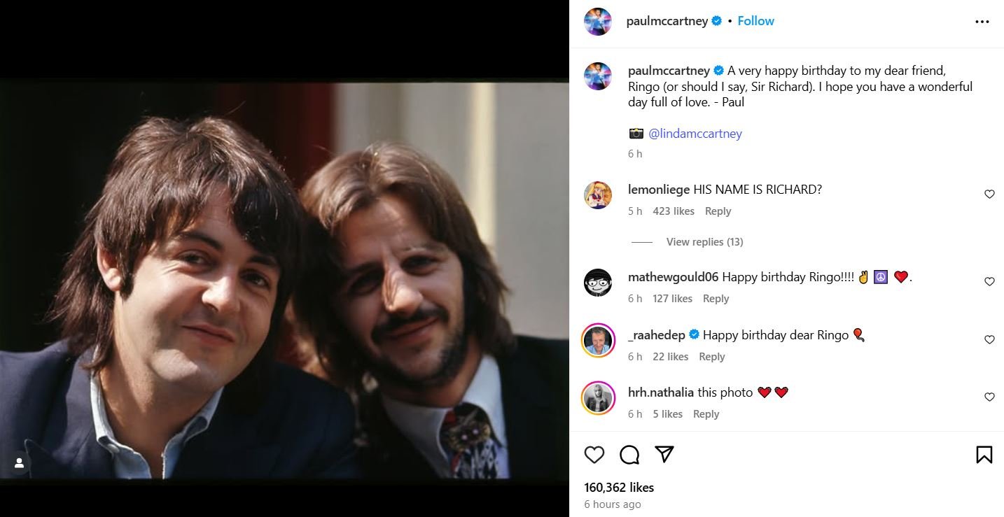 Paul McCartney wishes birthday to ‘dear Beatles pal Ringo Starr