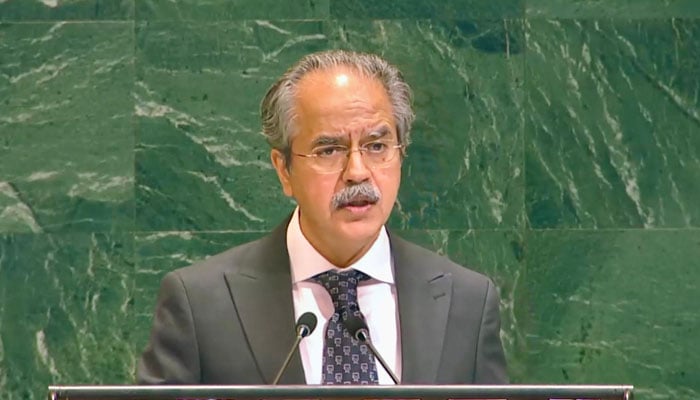 Pakistans Permanent Ambassador to the UN Asim Iftikhar Ahmad addresses UNGA session on July 8, 2025. — @PakistanUN_NY