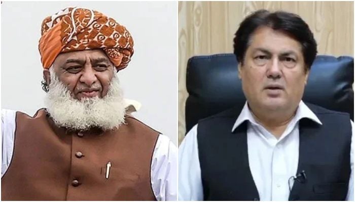 A collage showing JUI-F chief Maulana Fazlur Rehman (left) and KP CMs Adviser on Information Barrister Muhammad Ali Saif. — AFP/X@BaristerDrSaif/File