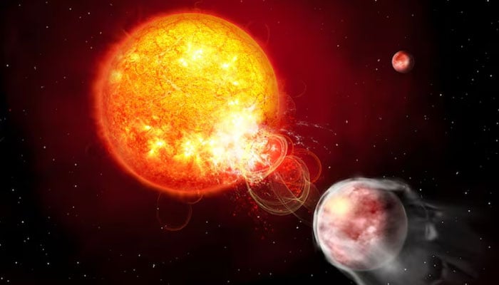 The star HIP 67522 with a flare erupting toward an orbiting planet, HIP 67522 b, is depicted in this illustration released by the European Space Agency on July 2, 2025. — Reuters