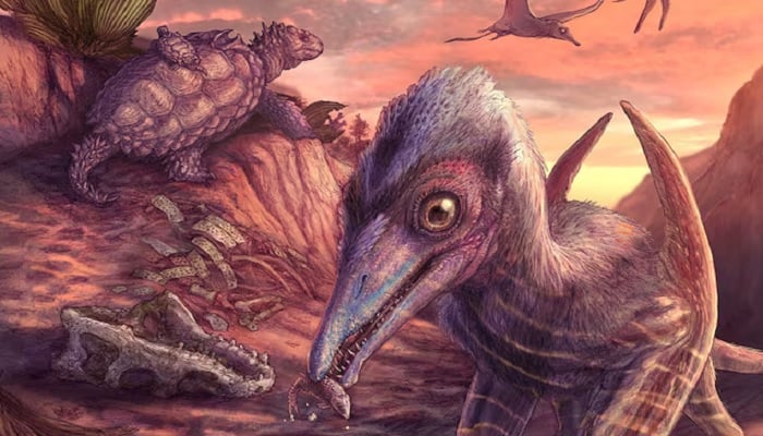 An artists reconstruction of a landscape dating to 209 million years ago at the site of Petrified Forest National Park in Arizona, based on fossils of plants and animals found preserved in a remote fossil bed. — Reuters