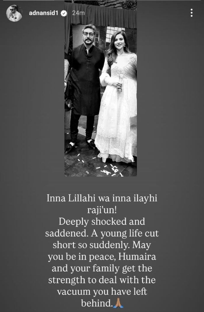 Actor Adnan Siddiquis message on actor Humaira Asghar Alis death — Instagram/@adnansid1