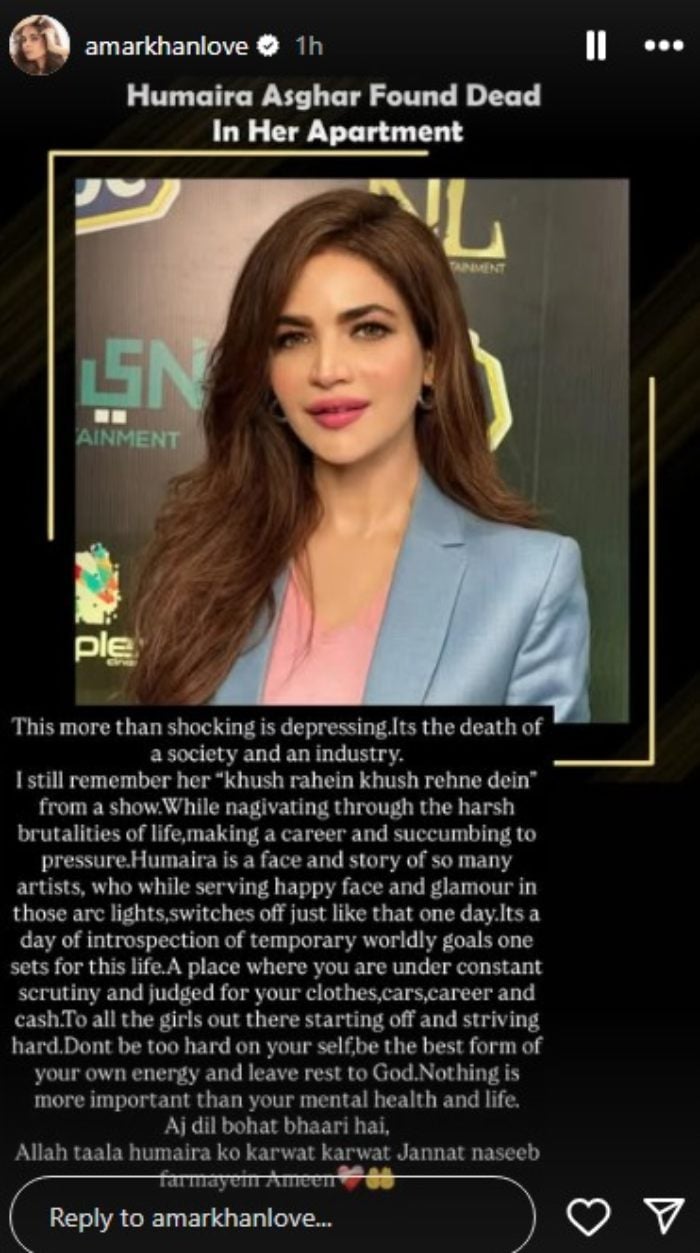 Actor and screenwriter Amar Khans message on actor Humaira Asghar Alis death. — Instagram/@amarkhanlove