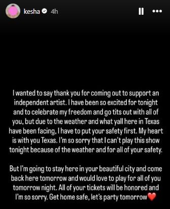 Kesha calls off Dallas show due to safety concerns