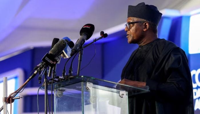 Aliko Dangote, Founder and Chief Executive Officer of the Dangote Group, speaks during the commissioning of Dangote Petroleum refinery in Ibeju-Lekki, Lagos, Nigeria, May 22, 2023. — Reuters