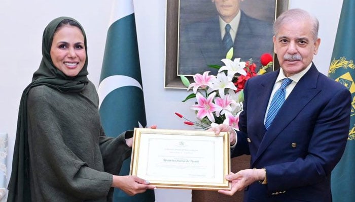 PM Shehbaz Sharif pictured with mountaineer and Qatari royal Sheikha Asma Al Thani on July 10, 2025. — PMO