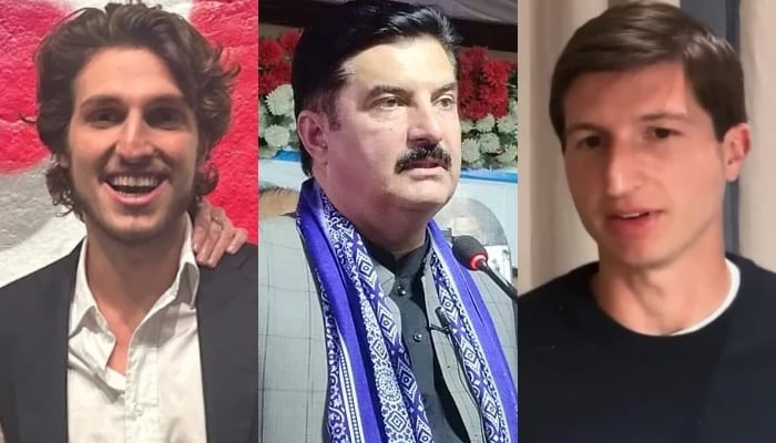 (From left to right) Kasim Khan, KP Governor Faisal Karim Kundi and Suleiman Khan. — Instagram/@khanjemima/YouTube/@MarioNawfal/Facebook/Faisal Karim Kundi