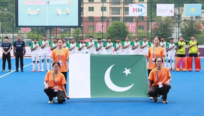 Pakistan thump Malaysia to clinch spot in U18 Asia Cup 2025 final 1 The Pakistan team sing their national anthem ahead of their Mens U18 Hockey Asia Cup 2025 match against Bangladesh at the Dazhou National Hockey Training Centre in Dazhou on July 8, 2025. — Asian Hockey Federation