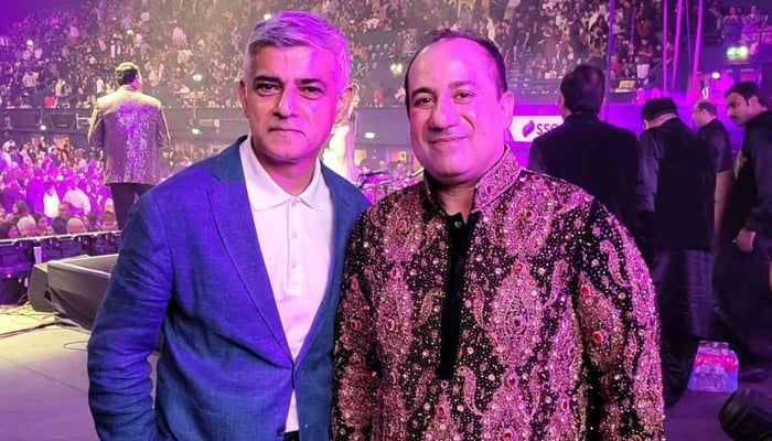 London Mayor Sadiq Khan (left) poses with celebrated Pakistani Qawwali and Bollywood maestro Rahat Fateh Ali Khan at Wembley Arena. — X@SadiqKhan