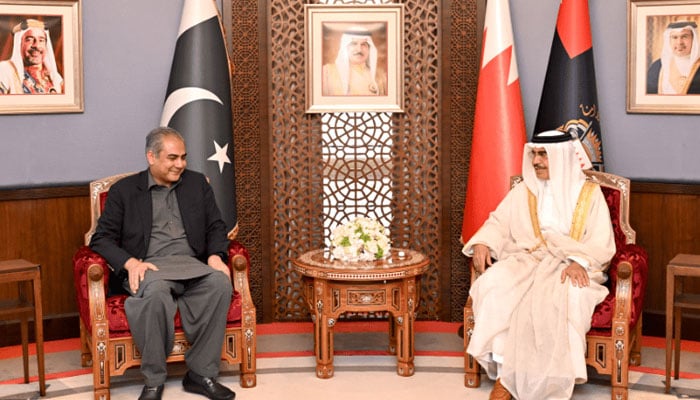 Interior Minister Mohsin Naqvi (left) meets with his Bahraini counterpart General Shaikh Rashid bin Abdullah Al Khalifa, in Manama, Bahrain on July 10, 2025. — Bahrain police website