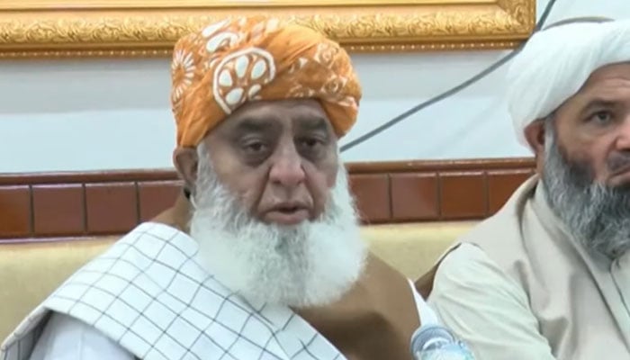 Jamiat Ulema-e-Islam-F (JUI-F) chief Maulana Fazlur Rehman addresses press conference in Peshawar, Khyber Pakhtunkhwa, July 12, 2025. — Screengrab via YouTube/Geo News