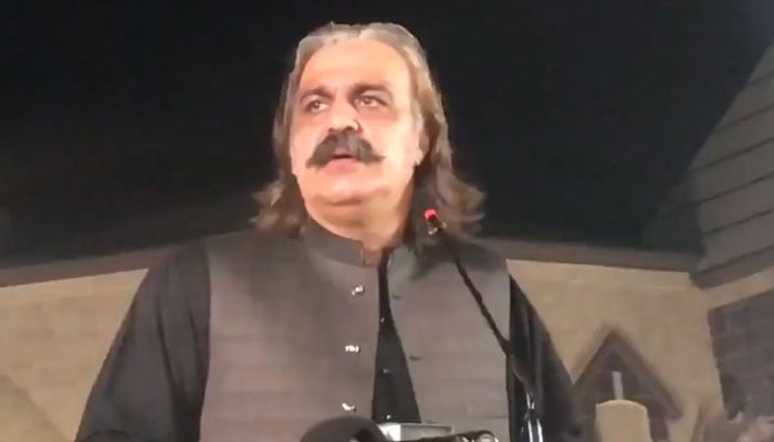 KP CM Ali Amin Gandapur addresses the PTI meeting in Lahore on July 12, 2025. — X/@PTIKPOfficial